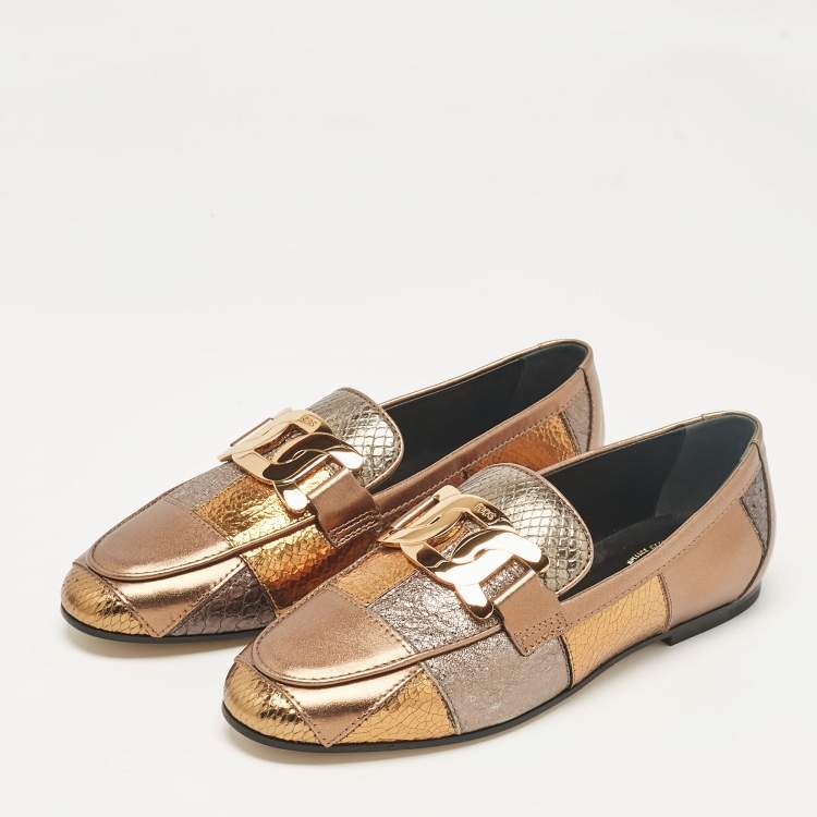 Pre Owned Tod's Metallic Patchwork Leather Kate Loafers Size 35.5