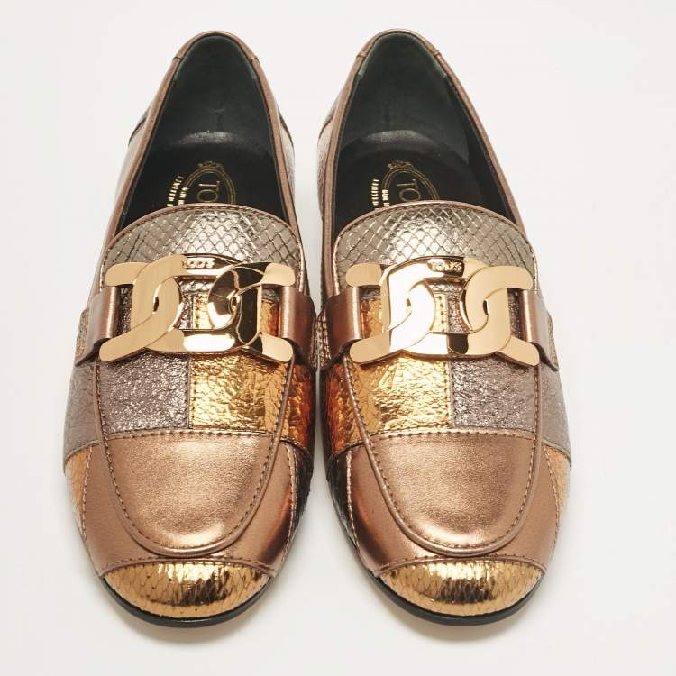 Pre Owned Tod's Metallic Patchwork Leather Kate Loafers Size 35.5
