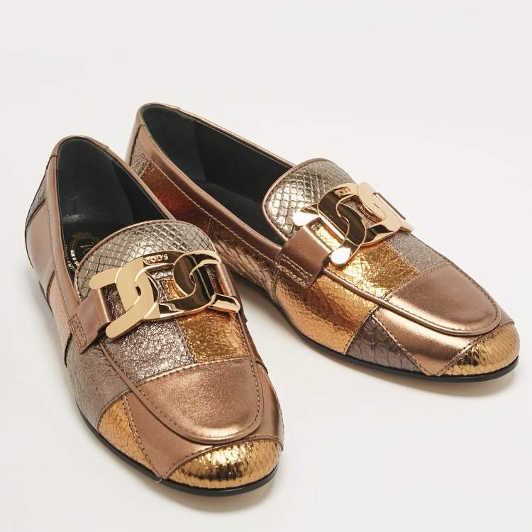 Pre Owned Tod's Metallic Patchwork Leather Kate Loafers Size 35.5