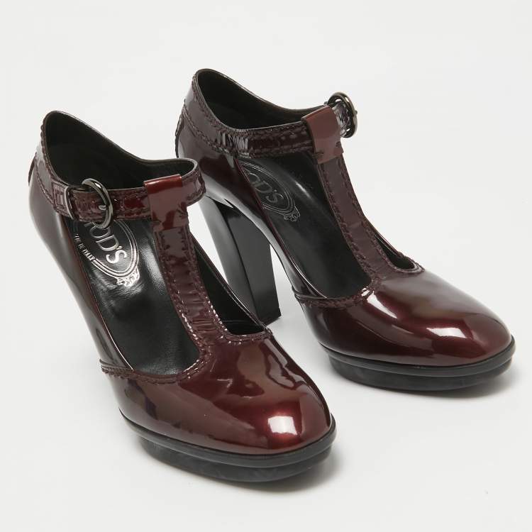 Pre Owned Tod's Burgundy Patent Leather Mary Jane Pumps Size 38.5