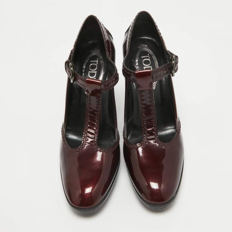 Pre Owned Tod's Burgundy Patent Leather Mary Jane Pumps Size 38.5