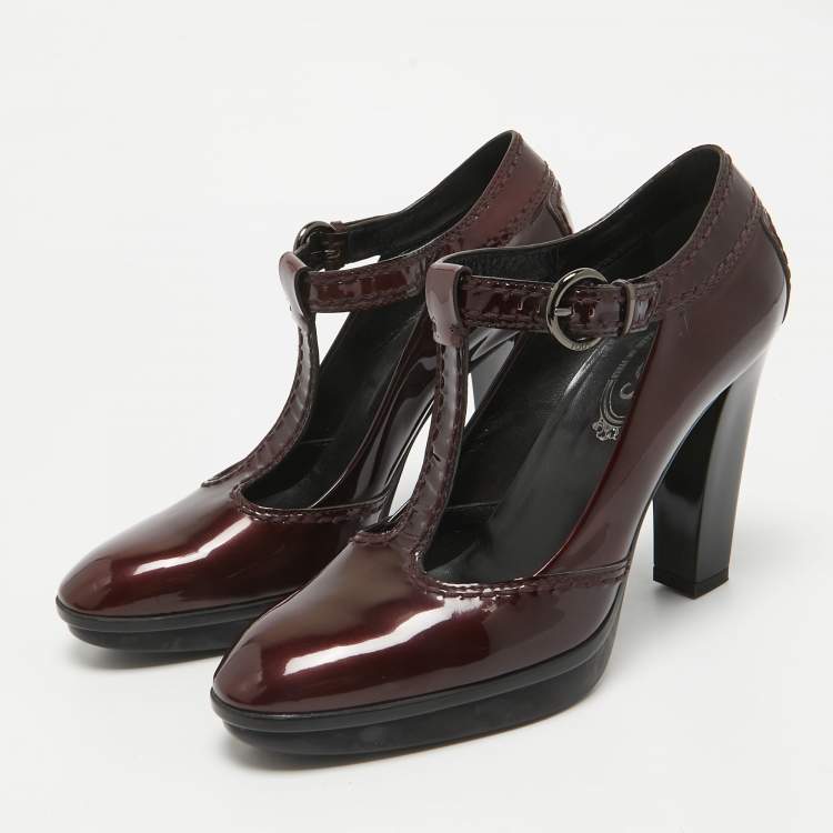 Pre Owned Tod's Burgundy Patent Leather Mary Jane Pumps Size 38.5