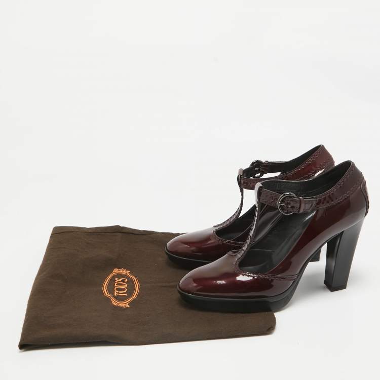 Pre Owned Tod's Burgundy Patent Leather Mary Jane Pumps Size 38.5
