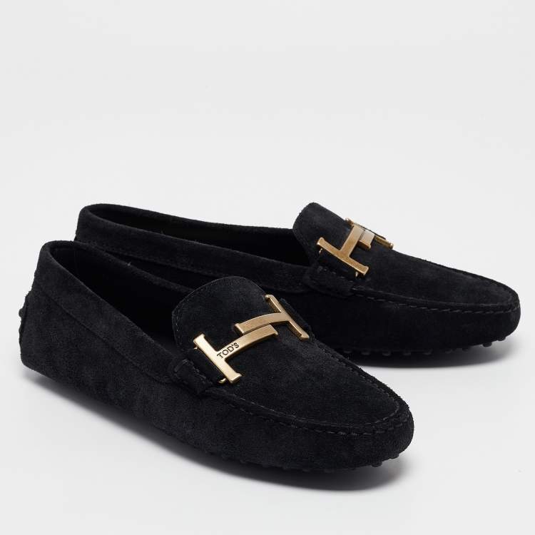 Pre Owned Tod's Black Suede Gommino Double T Slip On Loafers Size 37