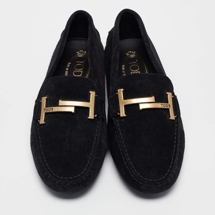 Pre Owned Tod's Black Suede Gommino Double T Slip On Loafers Size 37