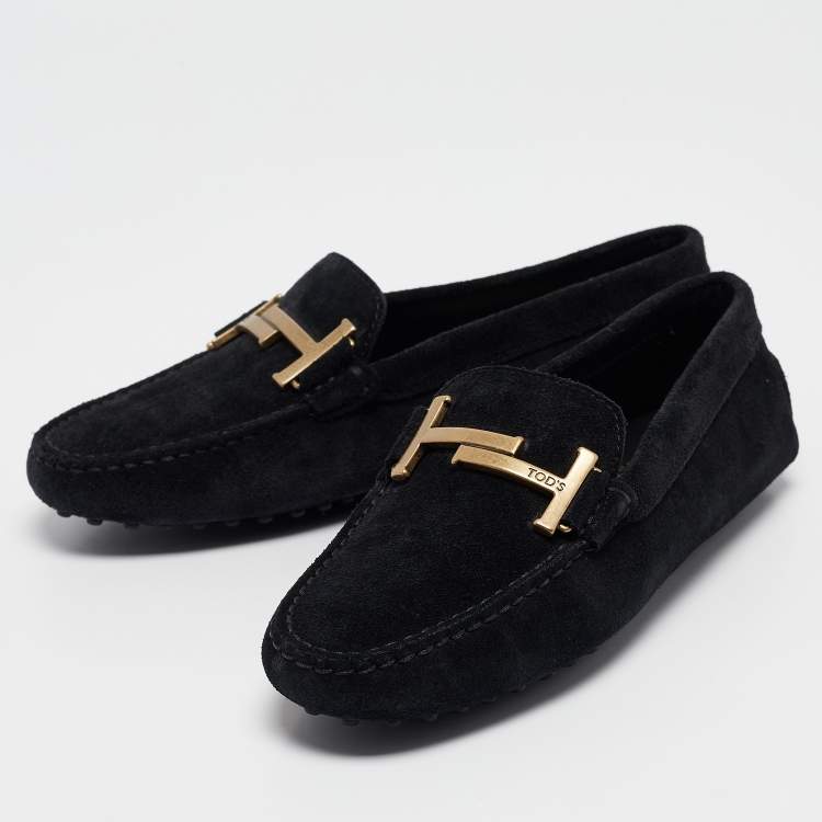 Pre Owned Tod's Black Suede Gommino Double T Slip On Loafers Size 37