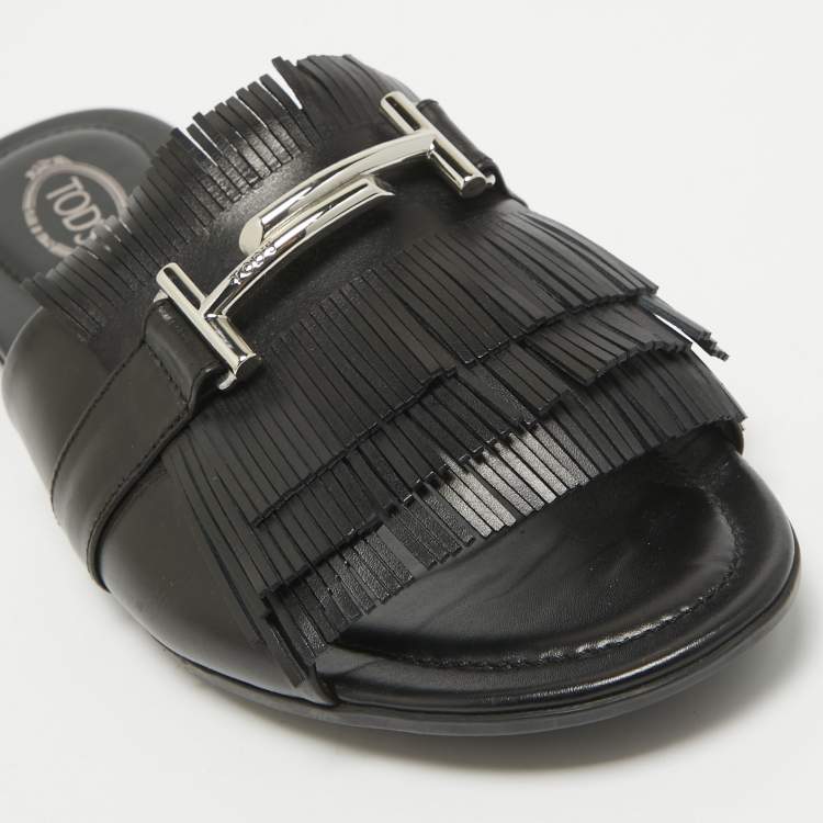 Pre Owned Tod's Black Leather Fringed Double T Buckle Flat Slides Size 40