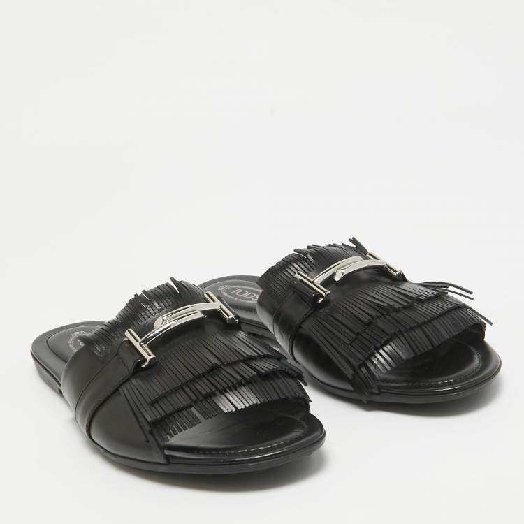Pre Owned Tod's Black Leather Fringed Double T Buckle Flat Slides Size 40