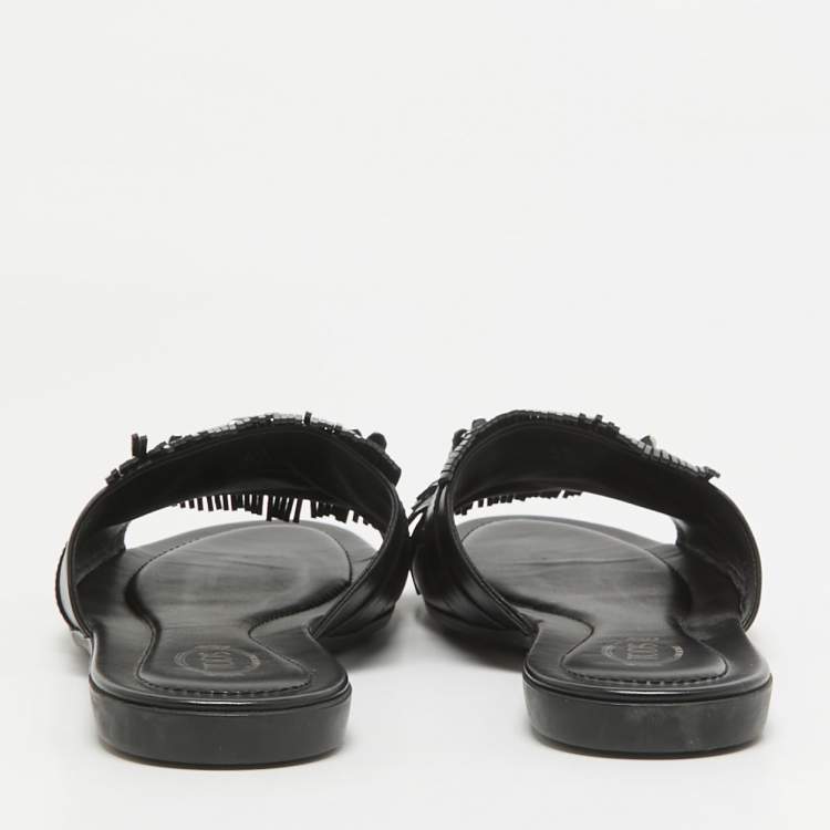 Pre Owned Tod's Black Leather Fringed Double T Buckle Flat Slides Size 40