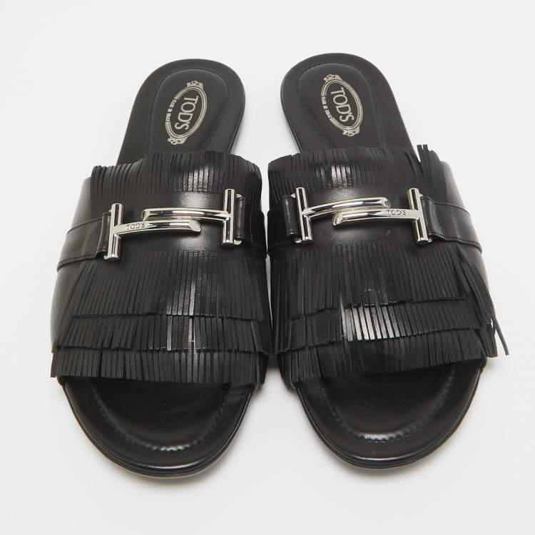 Pre Owned Tod's Black Leather Fringed Double T Buckle Flat Slides Size 40
