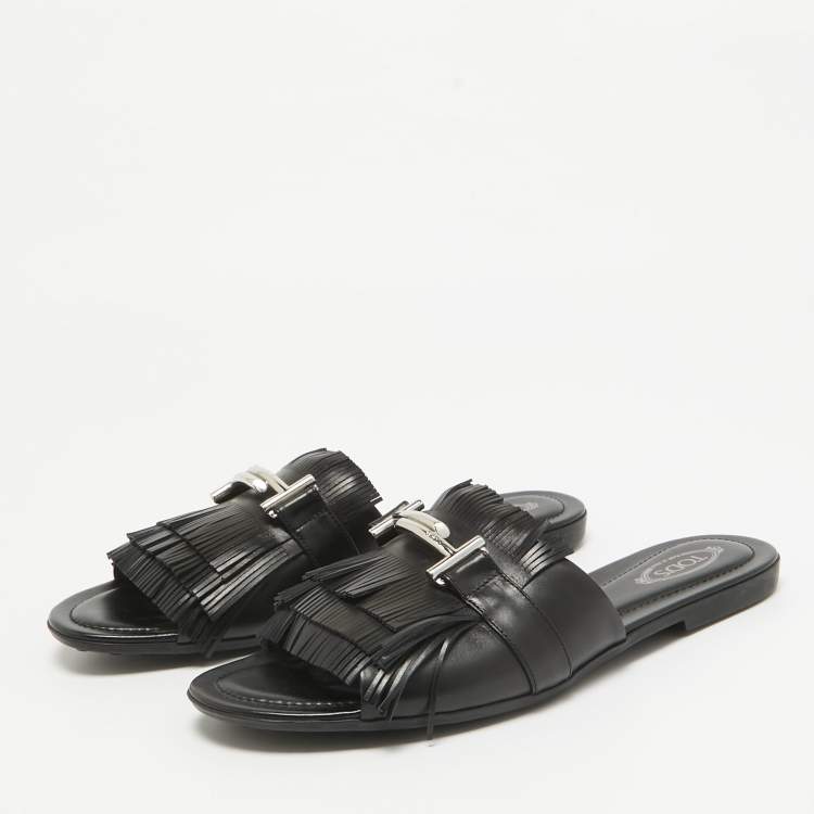 Pre Owned Tod's Black Leather Fringed Double T Buckle Flat Slides Size 40
