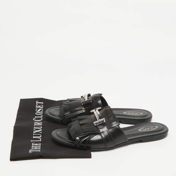 Pre Owned Tod's Black Leather Fringed Double T Buckle Flat Slides Size 40