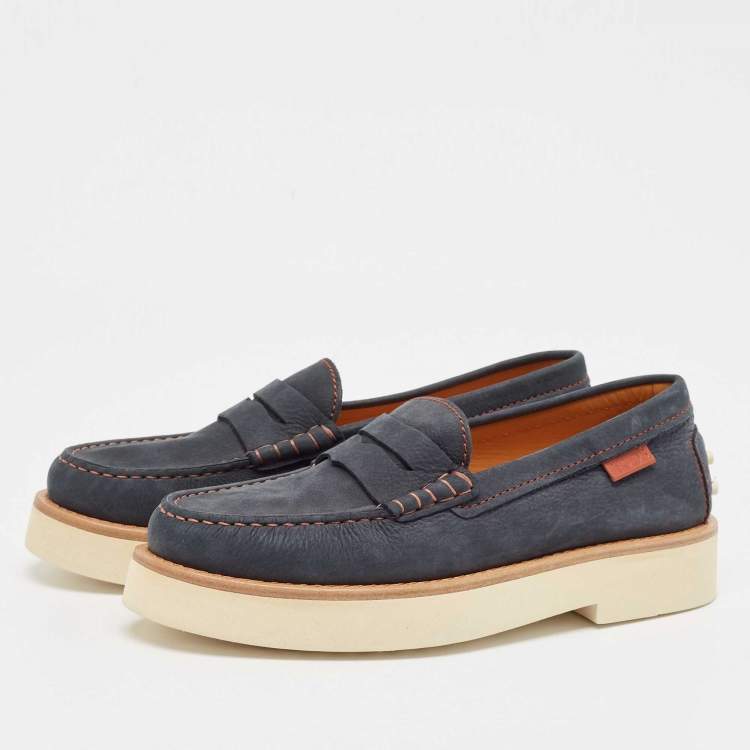 Pre Owned Tod's Navy Blue Nubuck Leather Penny Platform Loafers Size 38.5