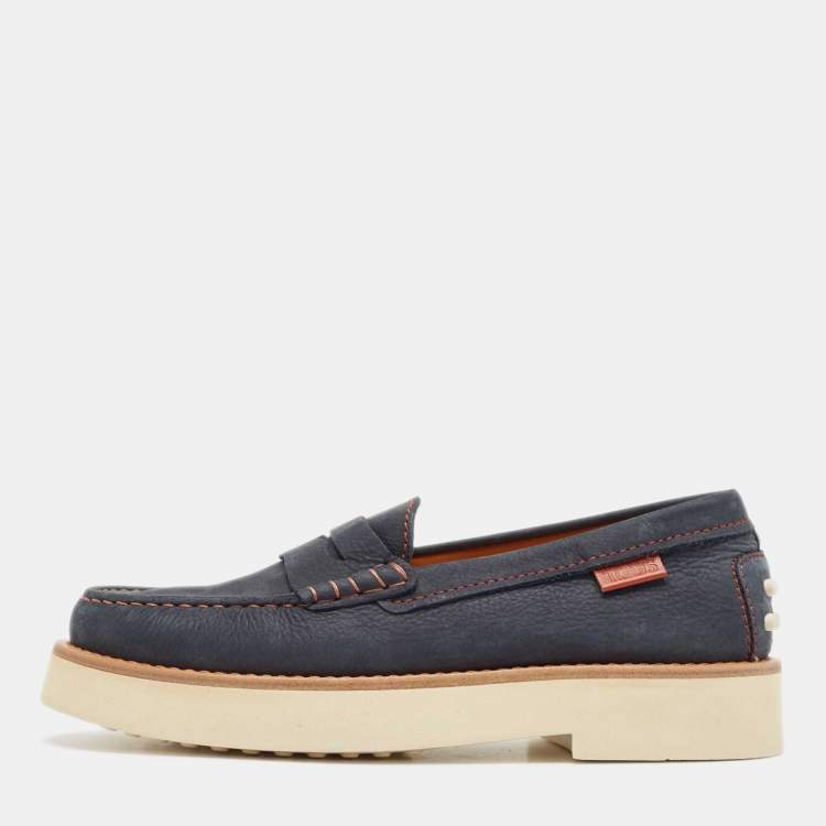 Pre Owned Tod's Navy Blue Nubuck Leather Penny Platform Loafers Size 38.5
