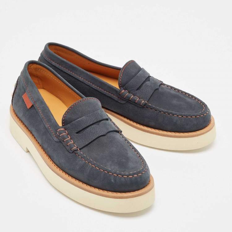 Pre Owned Tod's Navy Blue Nubuck Leather Penny Platform Loafers Size 38.5