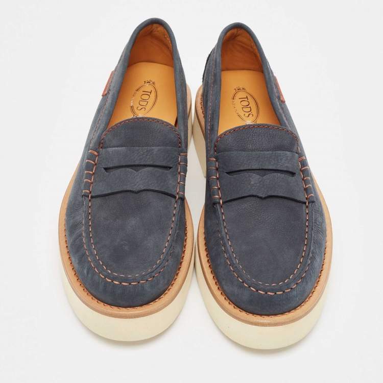 Pre Owned Tod's Navy Blue Nubuck Leather Penny Platform Loafers Size 38.5