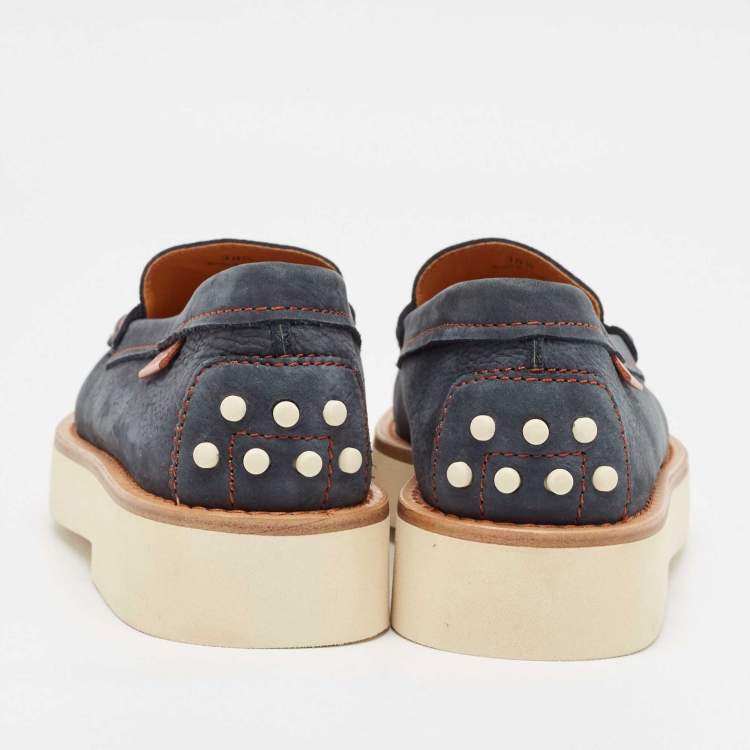 Pre Owned Tod's Navy Blue Nubuck Leather Penny Platform Loafers Size 38.5
