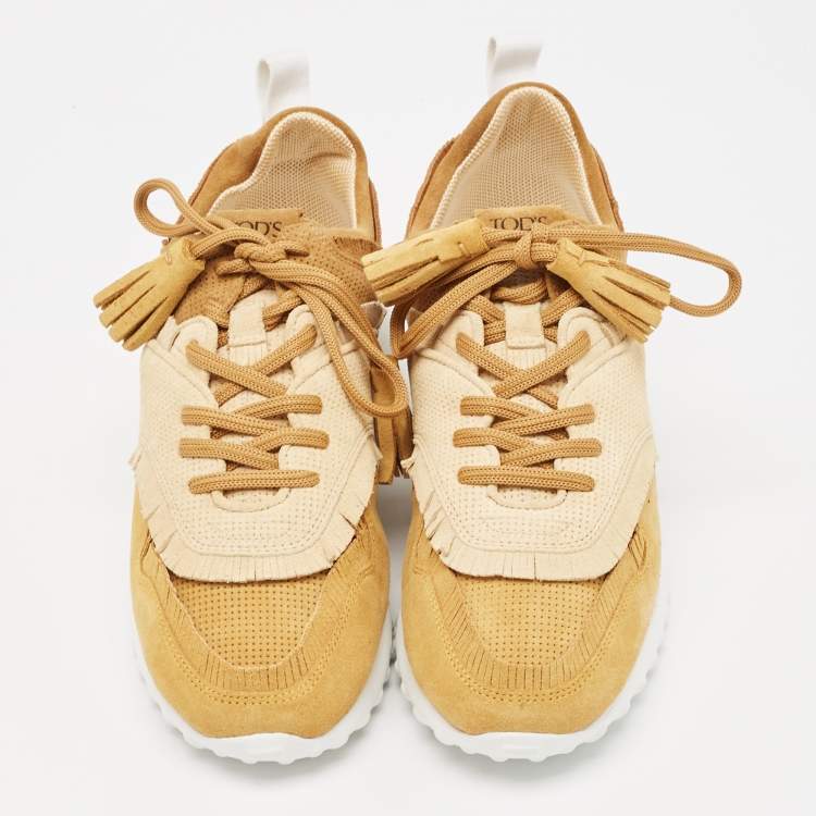 Pre Owned Tod's Brown/Beige Perforated Suede Fringe Low Top Sneakers Size 39