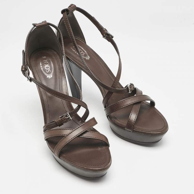 Pre Owned Tod's Brown Leather Ankle Strap Platform Sandals Size 40
