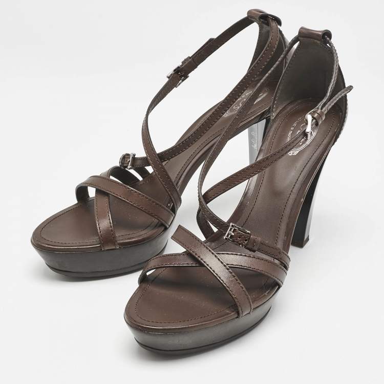 Pre Owned Tod's Brown Leather Ankle Strap Platform Sandals Size 40