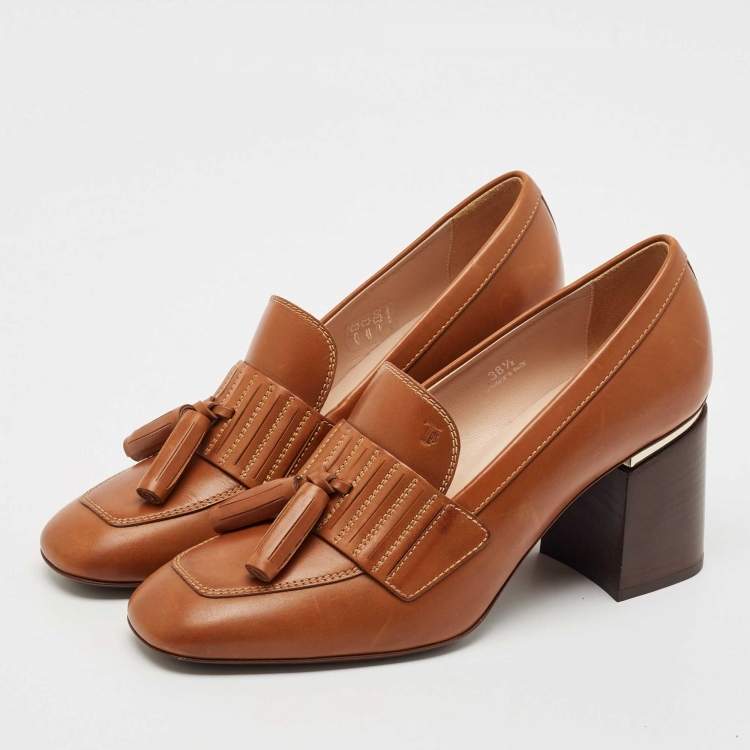 Pre Owned Tod's Brown Leather Tassel Block Heel Loafer Pumps Size 38.5