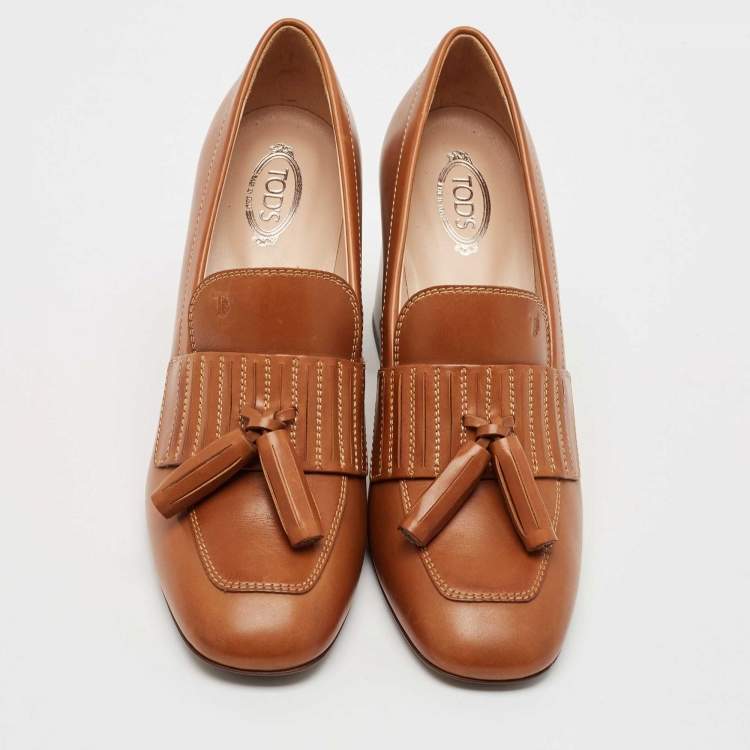 Pre Owned Tod's Brown Leather Tassel Block Heel Loafer Pumps Size 38.5