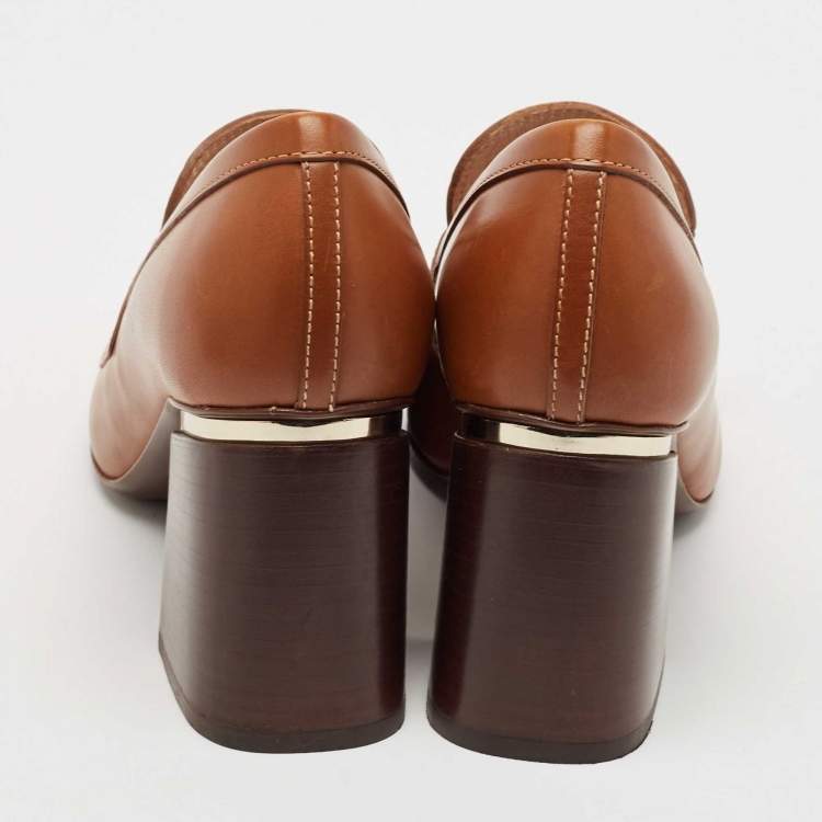 Pre Owned Tod's Brown Leather Tassel Block Heel Loafer Pumps Size 38.5