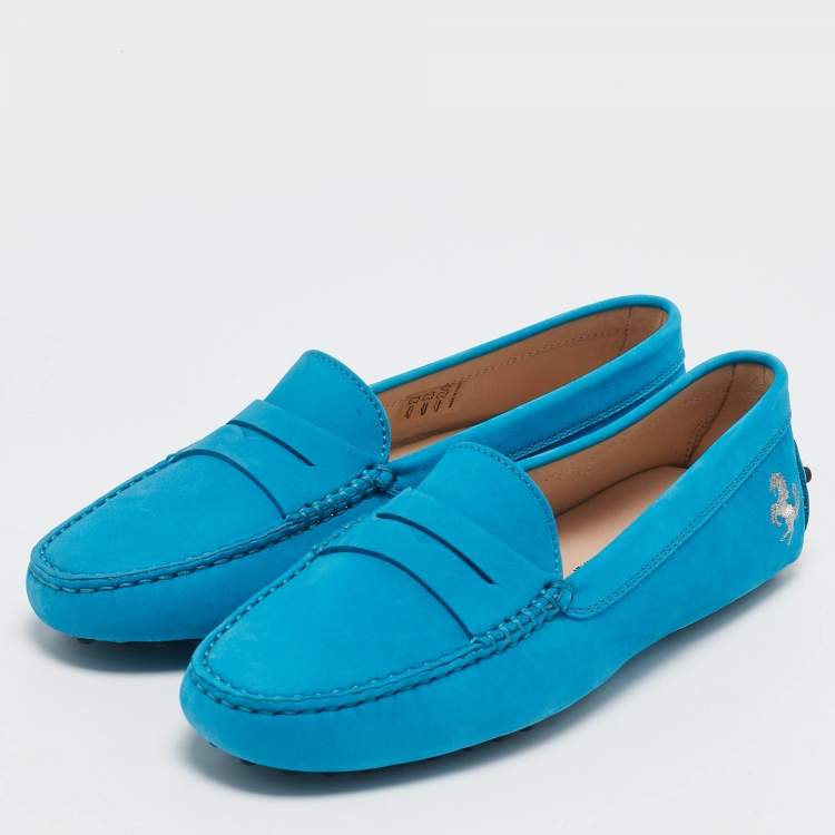 Pre Owned Tod's For Ferrari Blue Nubuck Leather Penny Loafers Size 36