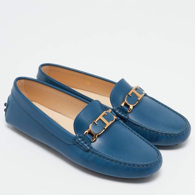 Pre Owned Tod's Blue Leather Gommino Slip On Loafers Size 36