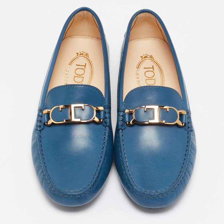 Pre Owned Tod's Blue Leather Gommino Slip On Loafers Size 36
