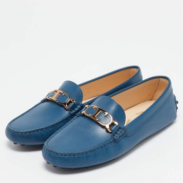 Pre Owned Tod's Blue Leather Gommino Slip On Loafers Size 36