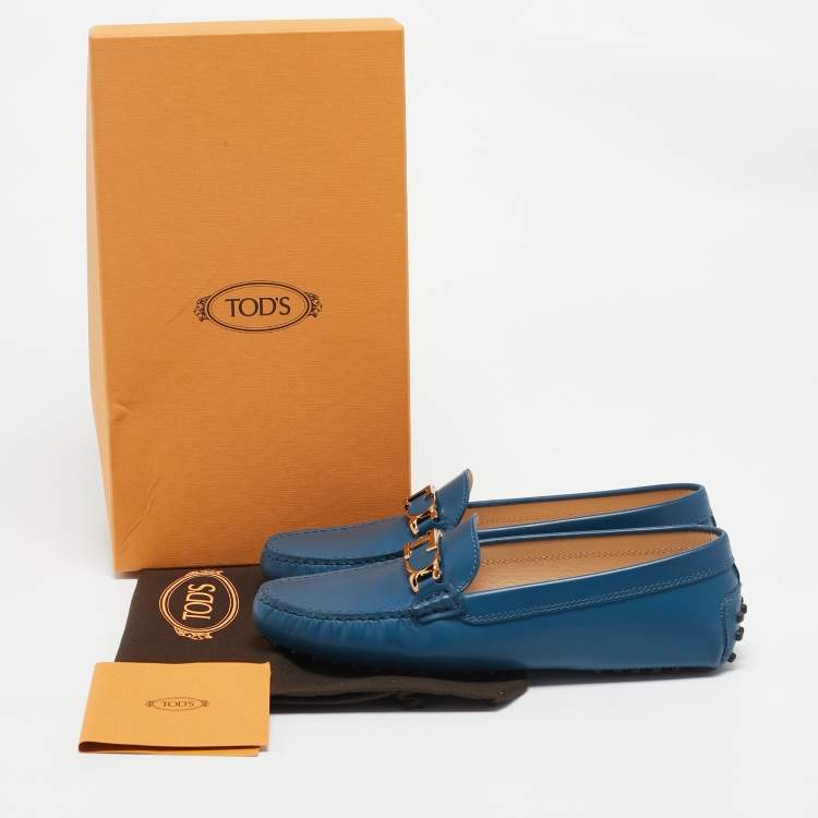 Pre Owned Tod's Blue Leather Gommino Slip On Loafers Size 36