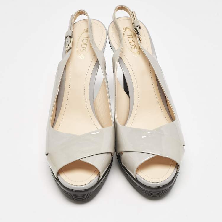 Pre Owned Tod's Grey Patent Leather Platform Slingback Sandals Size 40
