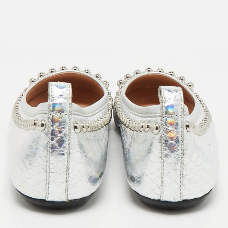 Pre Owned Tod's Silver Python Embossed Leather Studded Ballet Flats Size 35.5