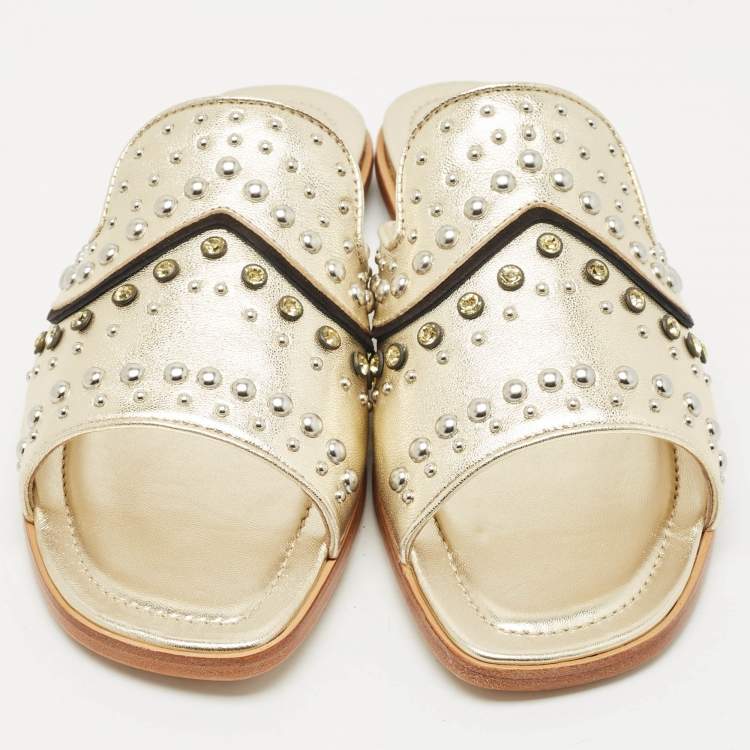 Pre Owned Tod's Gold Leather Studded Embellished Flat Slides Size 37.5