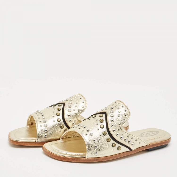 Pre Owned Tod's Gold Leather Studded Embellished Flat Slides Size 37.5