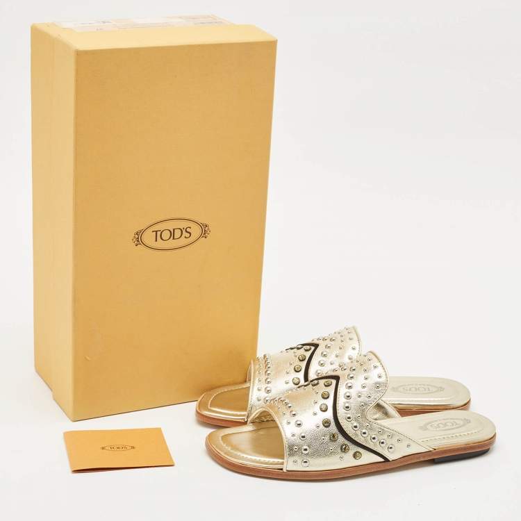 Pre Owned Tod's Gold Leather Studded Embellished Flat Slides Size 37.5