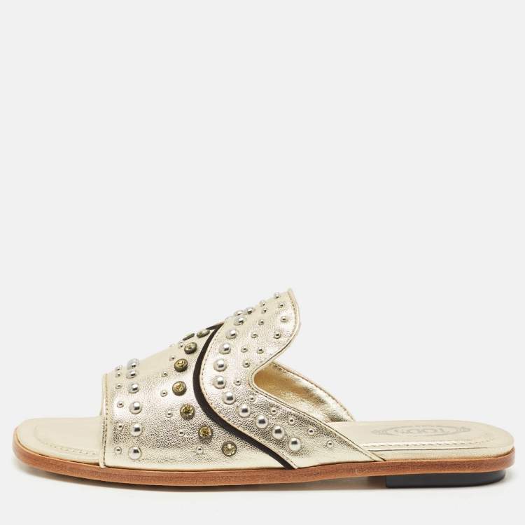 Pre Owned Tod's Gold Leather Studded Embellished Flat Slides Size 37.5