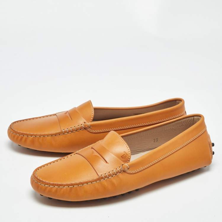 Pre Owned Tod's Light  Brown Leather Gommino Bow Slip On Loafers Size 39