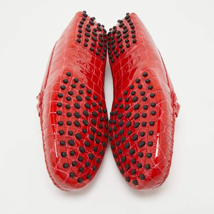 Pre Owned Tod's Red Croc Embossed Patent Leather Double T Loafers Size 41