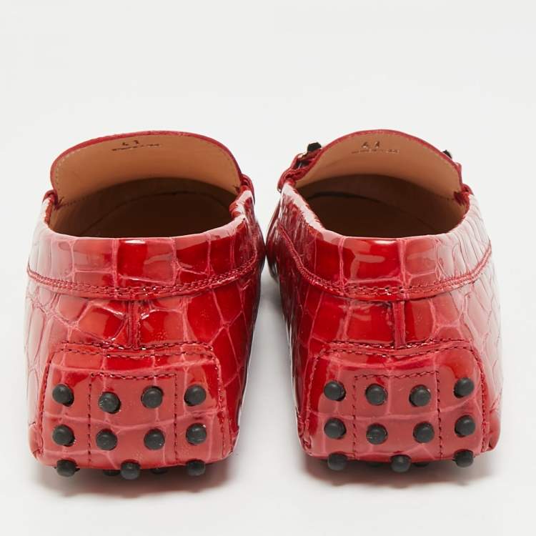 Pre Owned Tod's Red Croc Embossed Patent Leather Double T Loafers Size 41