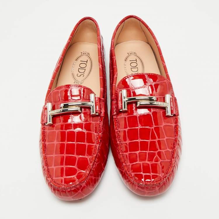 Pre Owned Tod's Red Croc Embossed Patent Leather Double T Loafers Size 41