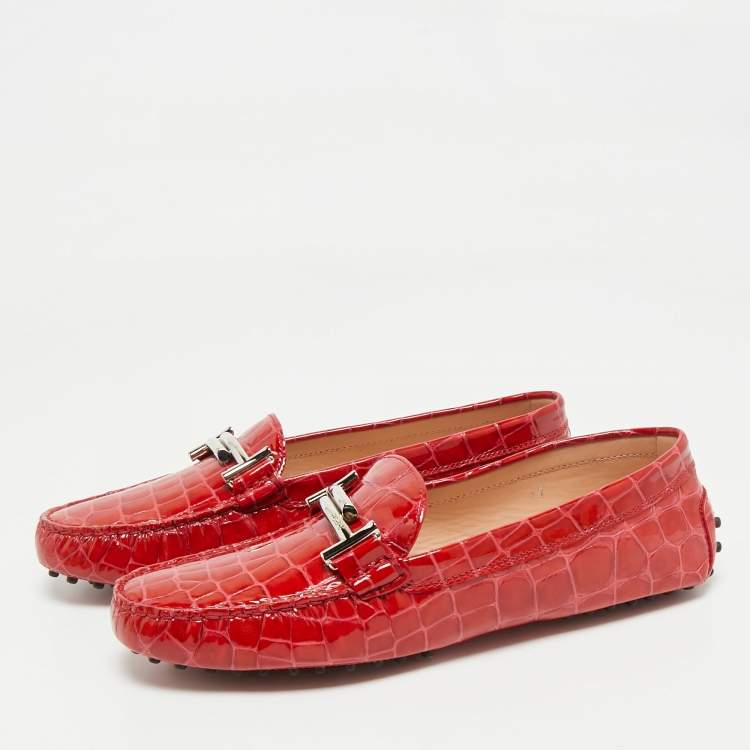 Pre Owned Tod's Red Croc Embossed Patent Leather Double T Loafers Size 41