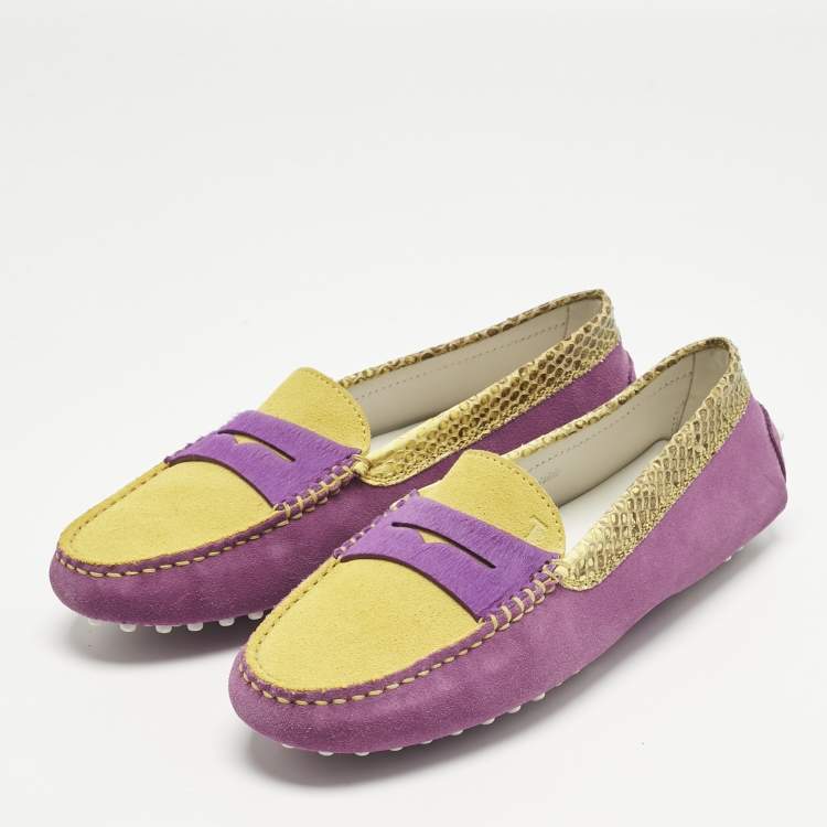 Pre Owned Tod's Purple/Yellow Suede and Snakeskin Leather Loafers Size 36.5