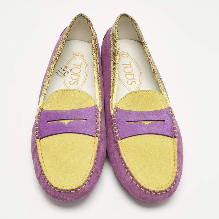 Pre Owned Tod's Purple/Yellow Suede and Snakeskin Leather Loafers Size 36.5