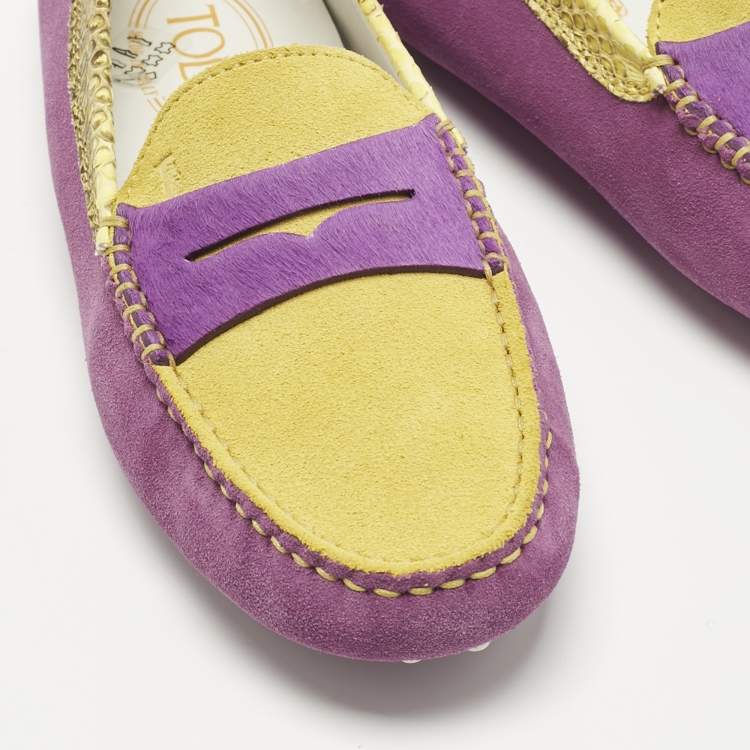 Pre Owned Tod's Purple/Yellow Suede and Snakeskin Leather Loafers Size 36.5