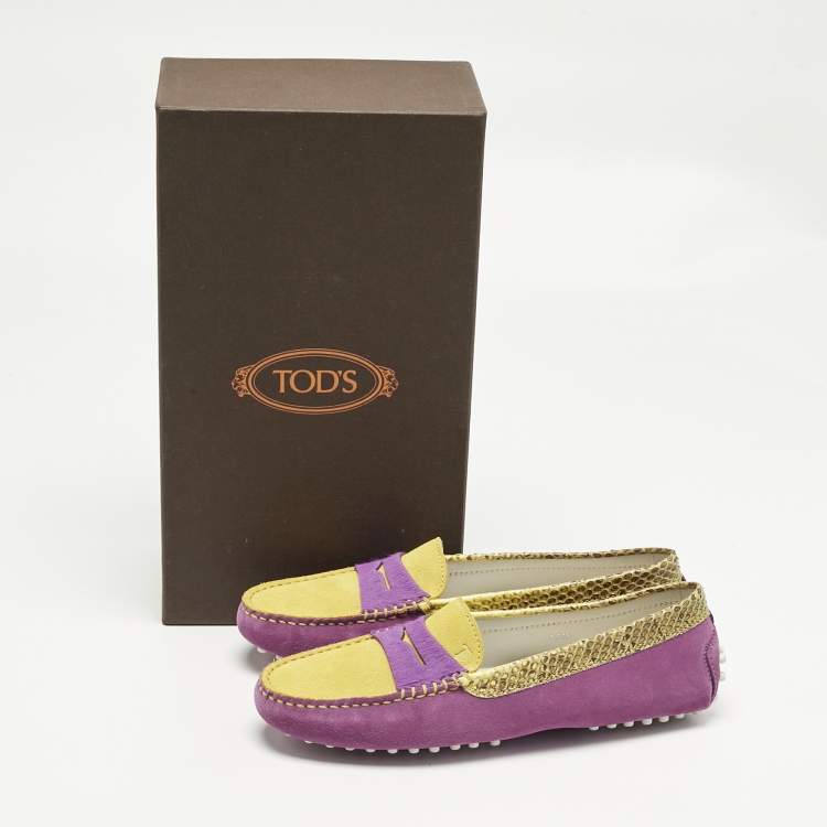 Pre Owned Tod's Purple/Yellow Suede and Snakeskin Leather Loafers Size 36.5