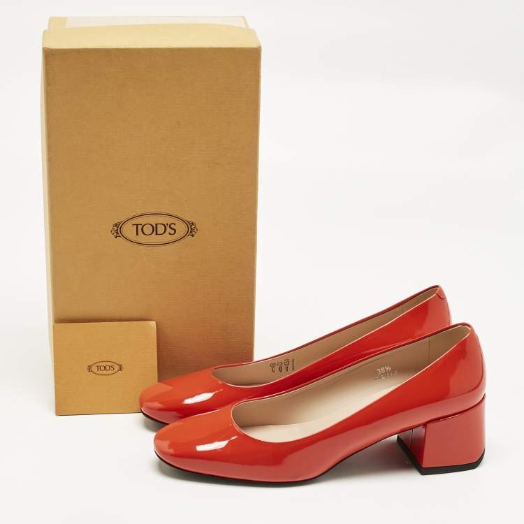 Pre Owned Tod's Red Patent Leather Block Heel Pumps Size 38.5