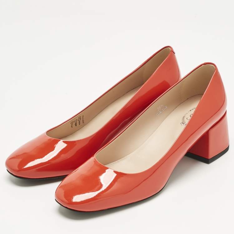 Pre Owned Tod's Red Patent Leather Block Heel Pumps Size 38.5