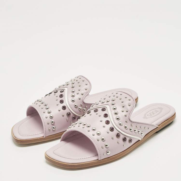 Pre Owned Tod's Lilac Leather Crystal Embellished Flat Slides Size 37.5
